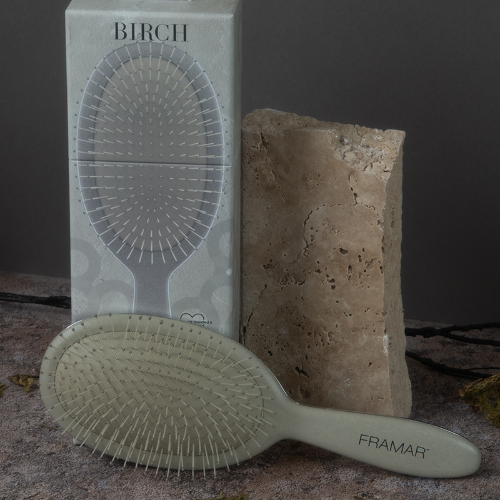 Professional Framar Sage Birch detangle brush displayed with Birch collection packaging