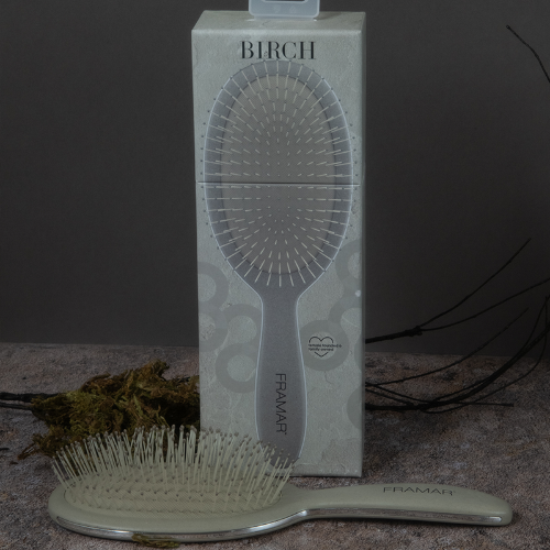 Framar Sage Birch detangle brush with eco-friendly packaging on a textured stone surface