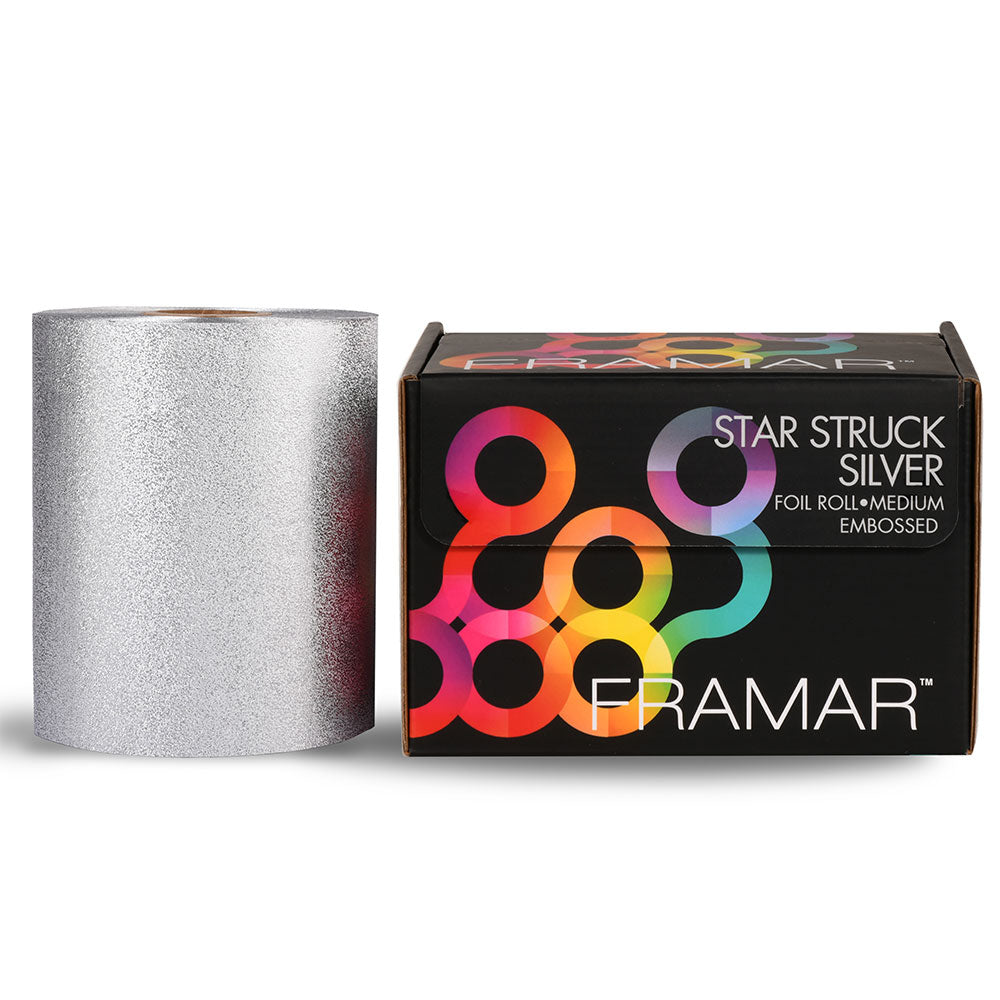 Framar Star Struck Silver embossed hair foil roll and dispensing box for professional salons