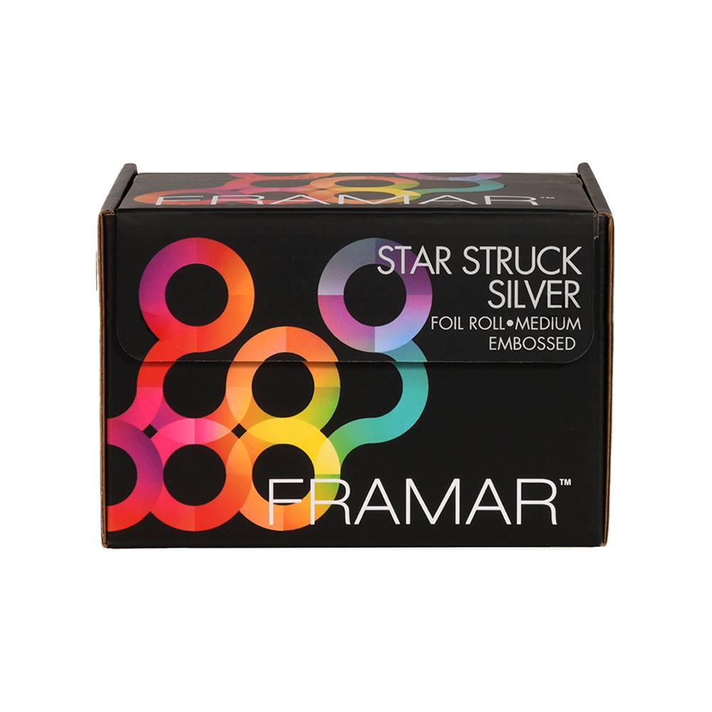 Close up of Framar Star Struck Silver embossed medium foil roll packaging