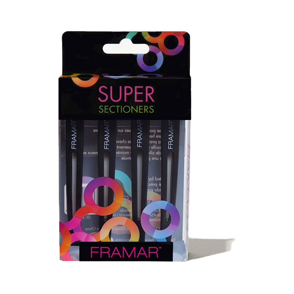 Framar Super Sectioners 4 pack of black creaseless hair clips in professional packaging