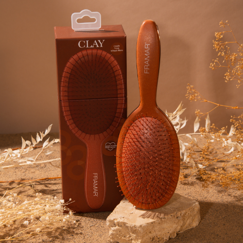 Framar Terra Detangle Brush Terracotta Clay and retail packaging for hair salon display