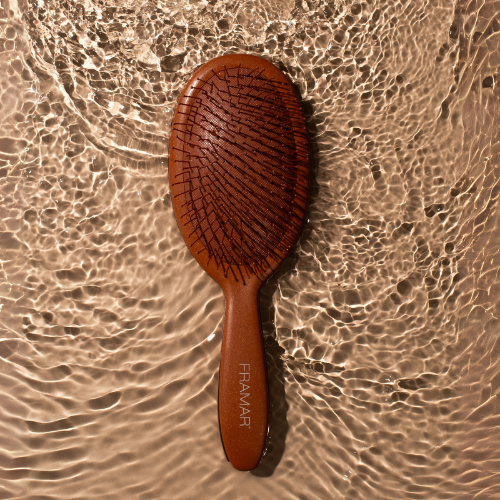 Professional Framar Terra detangle brush in Terracotta Clay against a water aesthetic