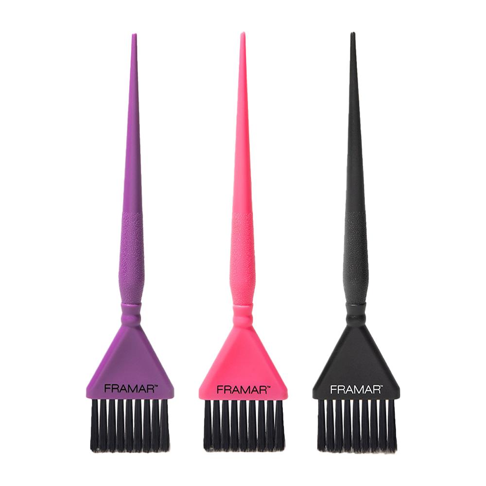 Set of three Framar Triple Threat precision hair colour brushes in purple pink and black