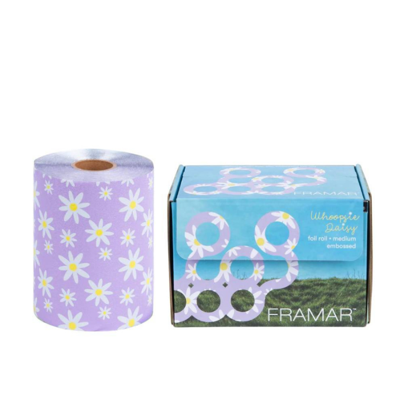 Framar Whimsical Daisy purple embossed hair foil roll and floral dispenser box