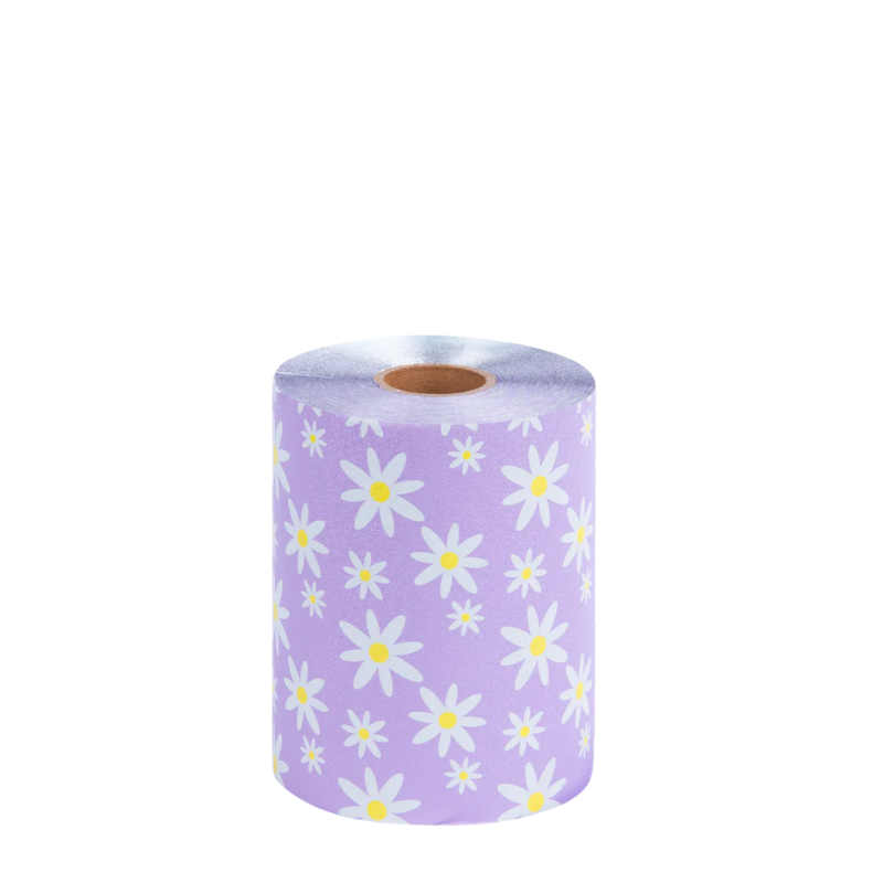 Detail view of Framar Whimsical Daisy purple floral embossed hair foil roll