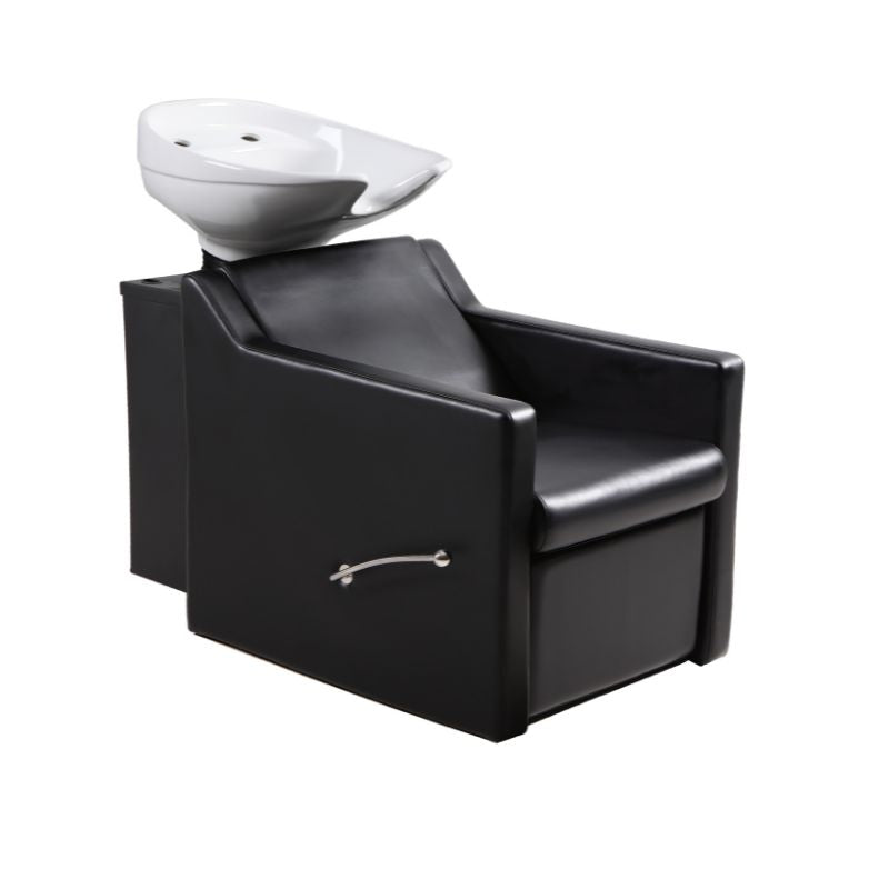 Frenciss shampoo lounge unit in black vinyl with oasis white tilting ceramic basin