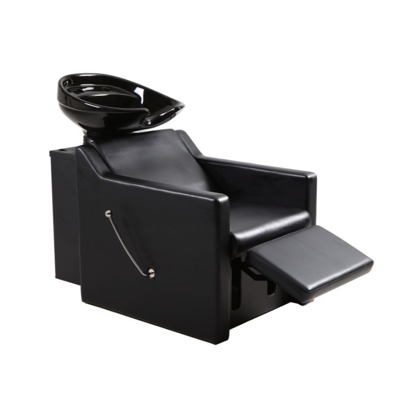 Frenciss shampoo lounge with leg rest extended and black ceramic basin