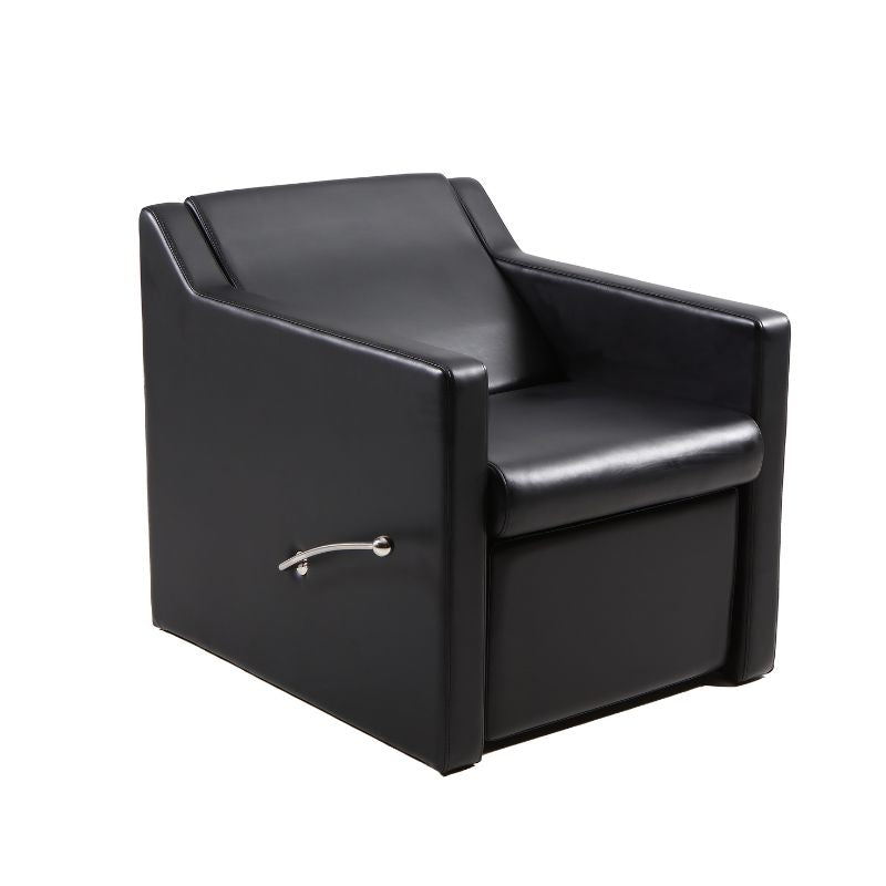 Side profile of the Frenciss professional shampoo chair featuring durable black upholstery