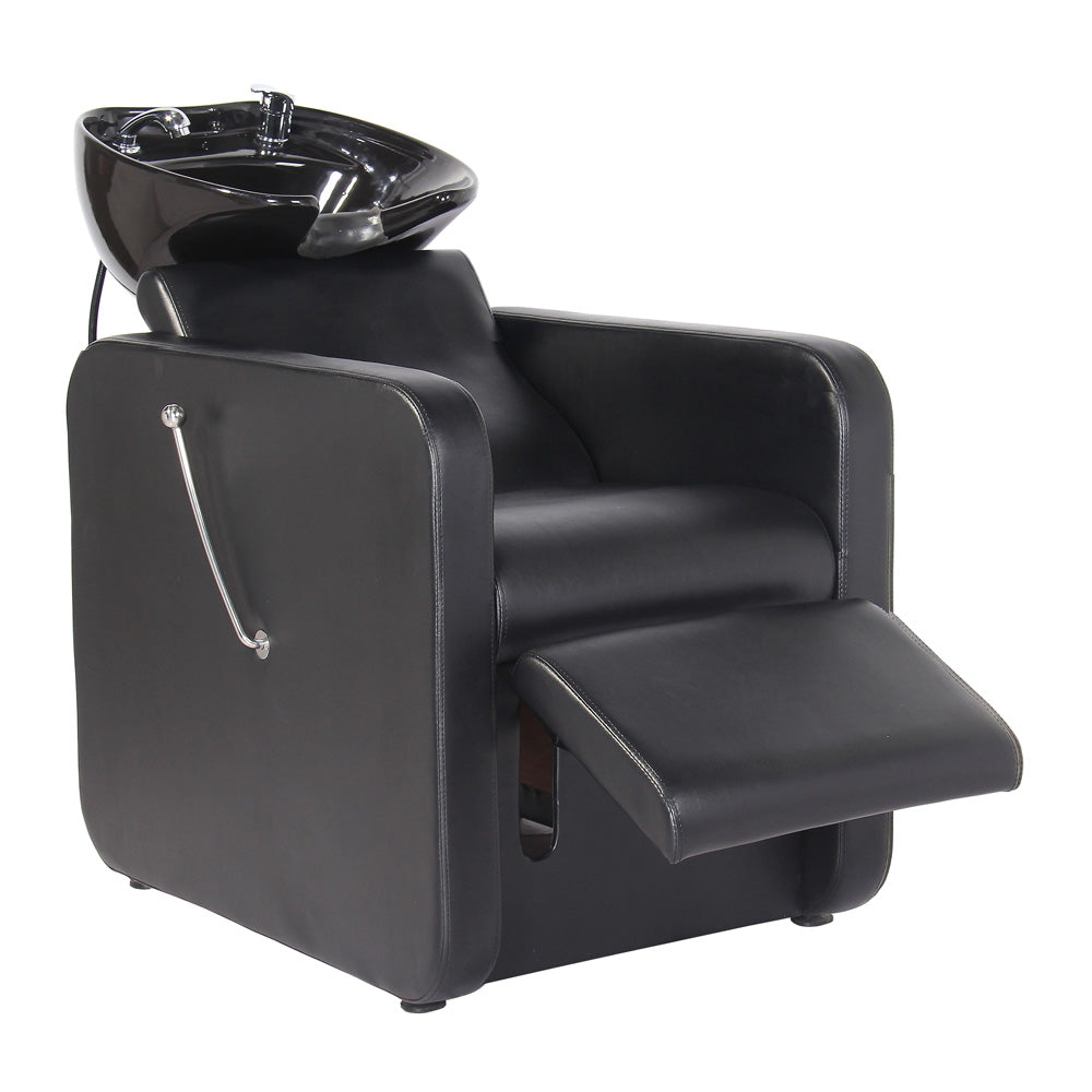 Black salon shampoo unit reclined for hair washing services