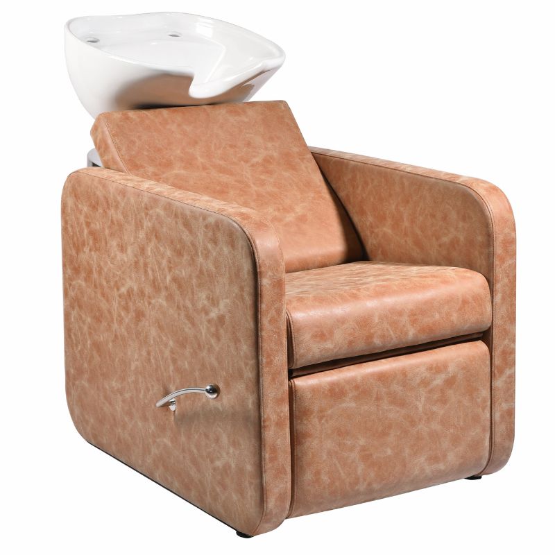 Gamma professional shampoo unit in desert rose upholstery with ceramic basin