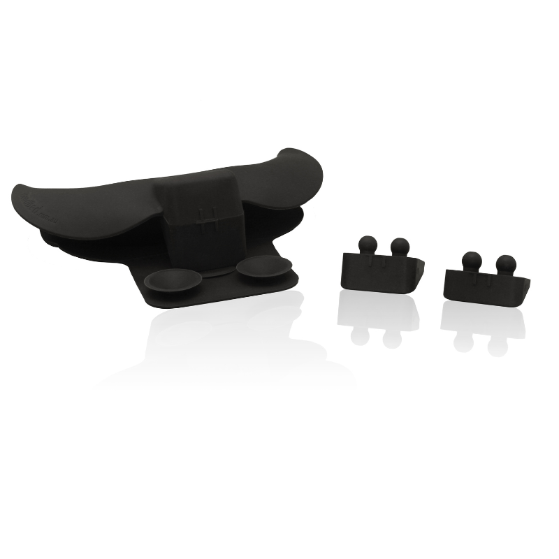 HeadBed neck cushion shown with its adjustable height adapters for universal basin fitting