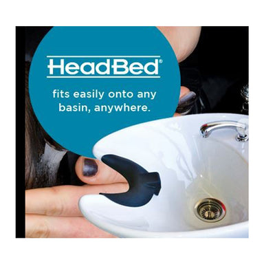 HeadBed branding showing the product fitted to a portable basin highlighting its universal fit