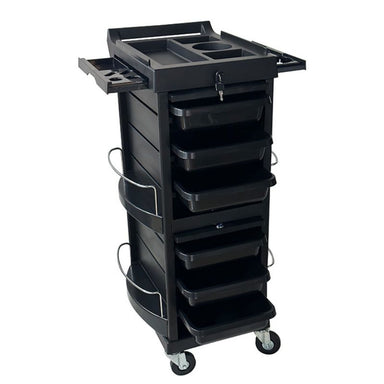 Professional salon trolley with six pull-out trays and flat top workspace