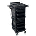 Professional salon trolley with six pull-out trays and flat top workspace