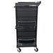 Black professional salon trolley with built-in dryer holder