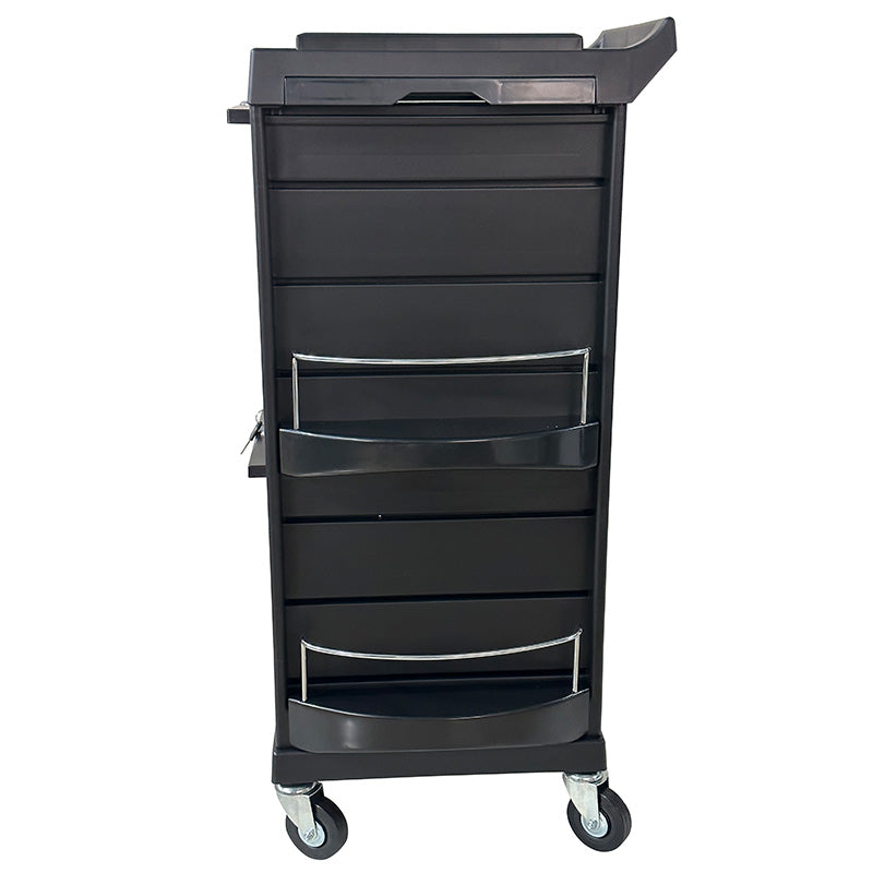 Black professional salon trolley with built-in dryer holder