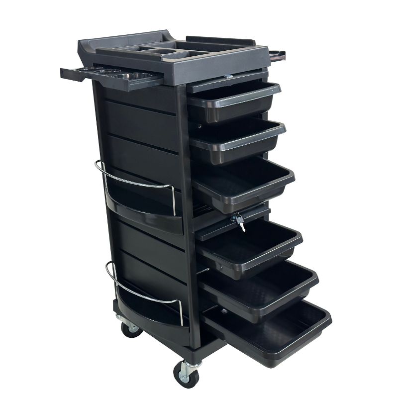 Salon trolley showing six spacious pull-out trays for tool organisation