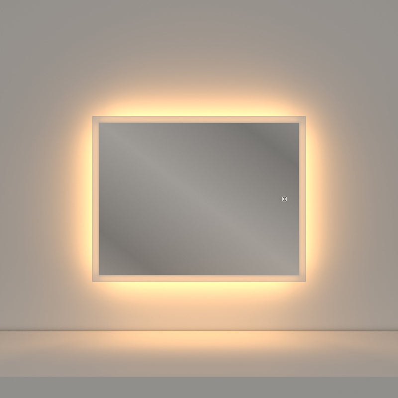 Landscape mounted professional barber mirror with warm LED halo illumination