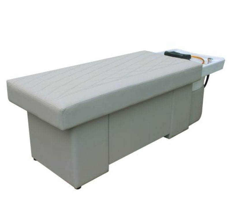 Front view of Japanese head spa bed with ceramic basin and storage