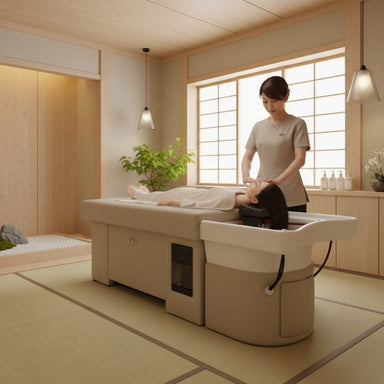 Japanese head spa bed in use during a professional scalp treatment