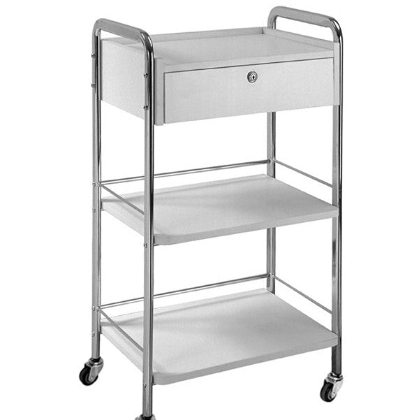 Joiken professional beauty trolley in white featuring one locking drawer, two shelves, and a chrome frame with wheels