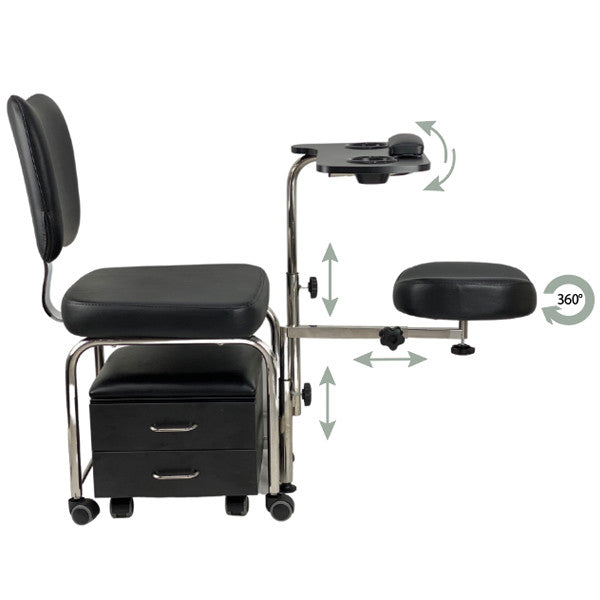 Diagram showing the height adjustable and 360-degree rotation features of the Joiken manicure and pedicure stool