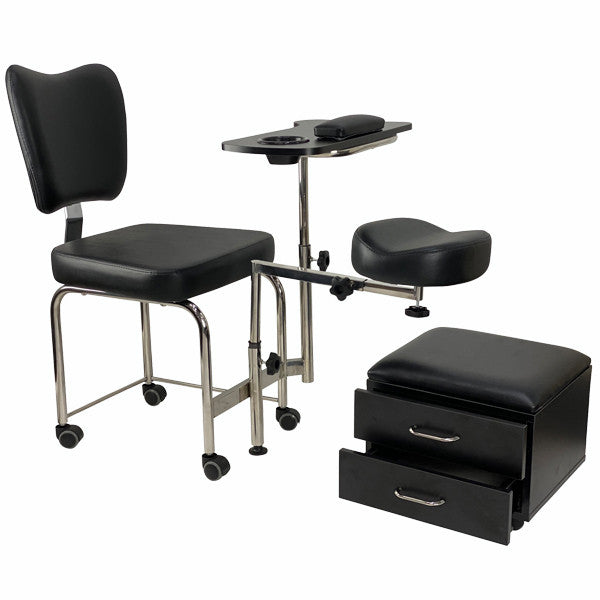 Joiken 2-in-1 professional manicure and pedicure stool with black vinyl seating and slide-out storage drawers