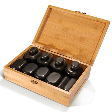 Joiken 28 piece professional massage hot stone set inside a natural bamboo storage box