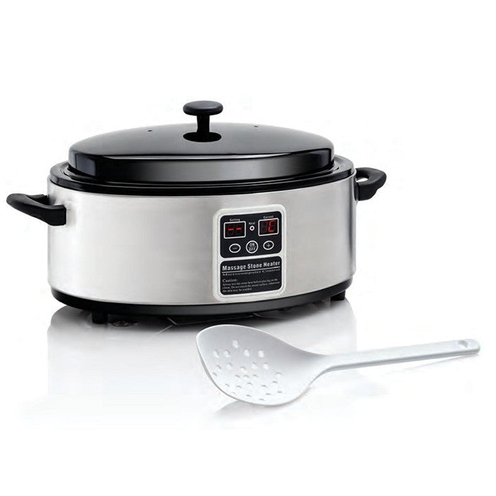 Joiken 6 quart professional digital stone heater with stainless steel body and white slotted spoon