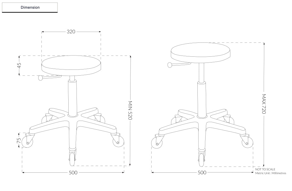 Technical dimension drawing of the Joiken Aluminium Cutting Stool showing height and base width measurements