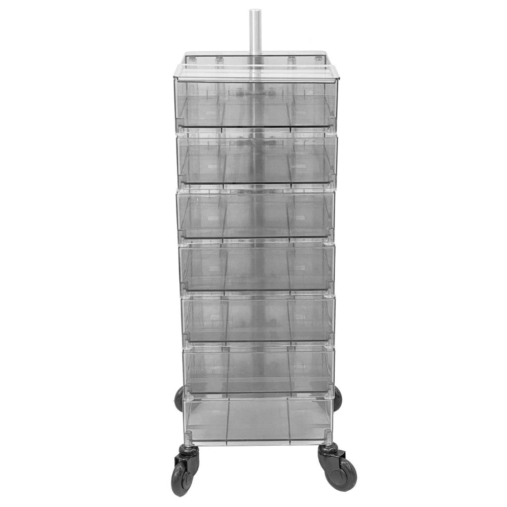 Front view of the Joiken Aries 7 tier hairdressing trolley in smoke grey for Australian salons