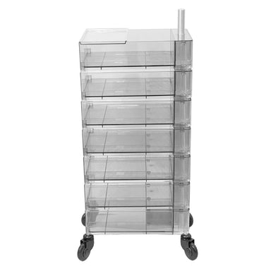 Side profile of the Joiken Aries hairdressing trolley highlighting the slim design and tool holders