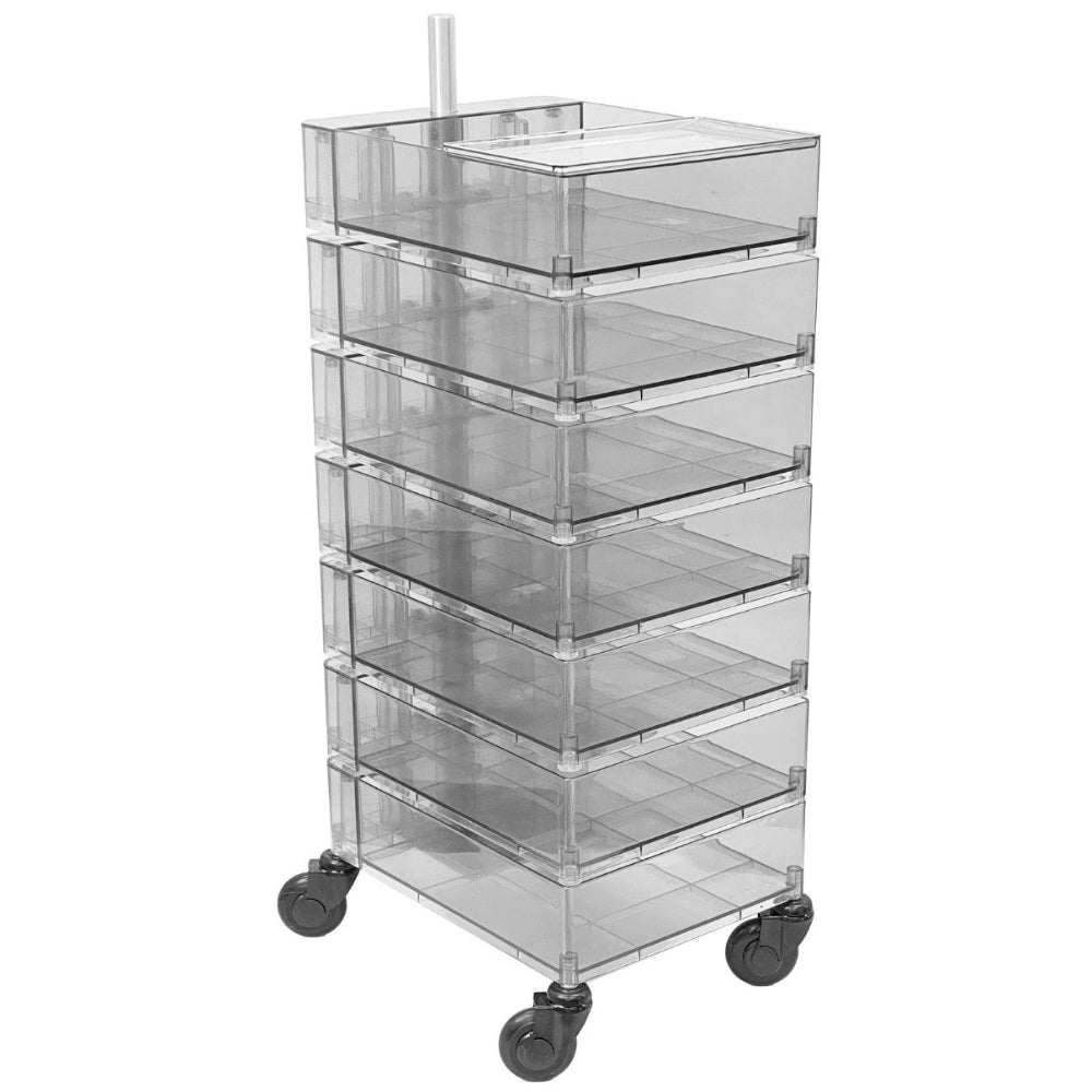 Angled view of the Joiken Aries 7 tier salon storage trolley showing the tiered drawer system