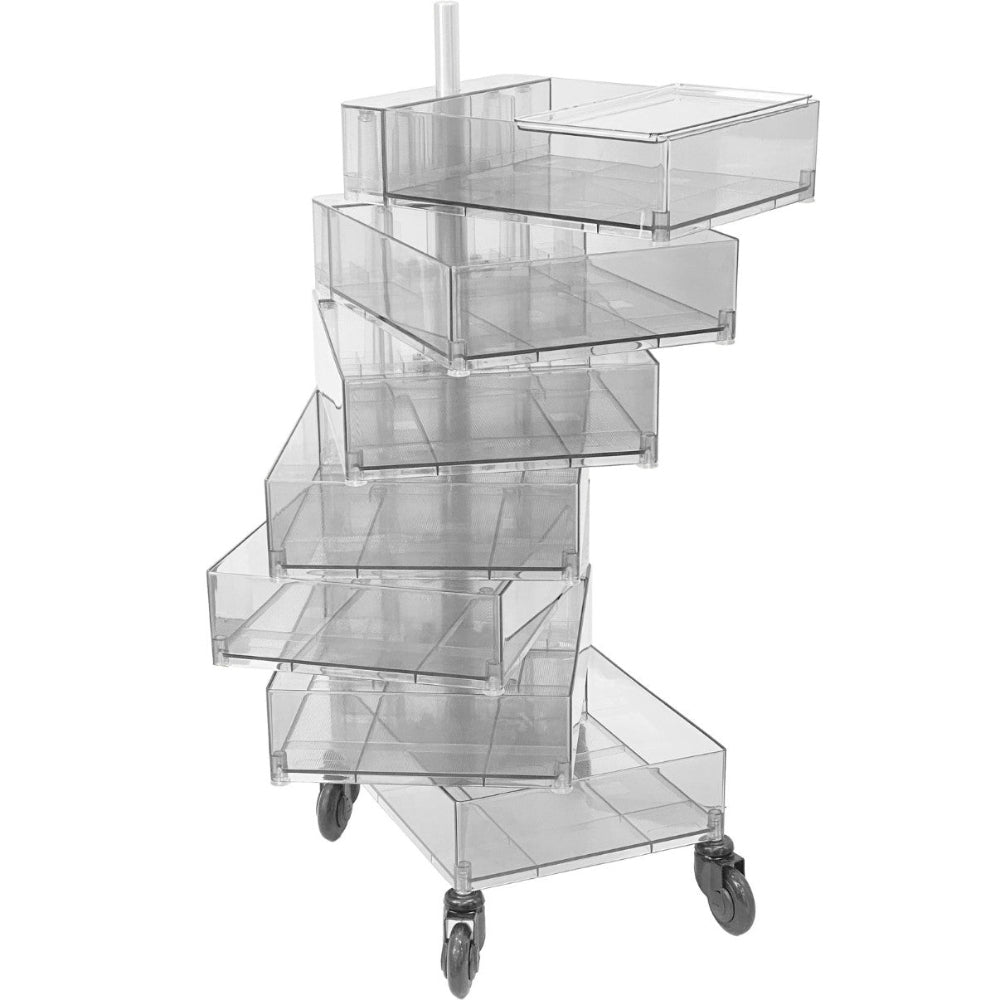 The Joiken Aries 7 tier trolley drawers arranged in a wave pattern to demonstrate flexible salon storage