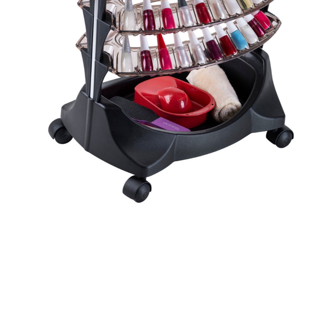 Close up of the bottom base of the nail polish trolley with accessory holder and nylon casters