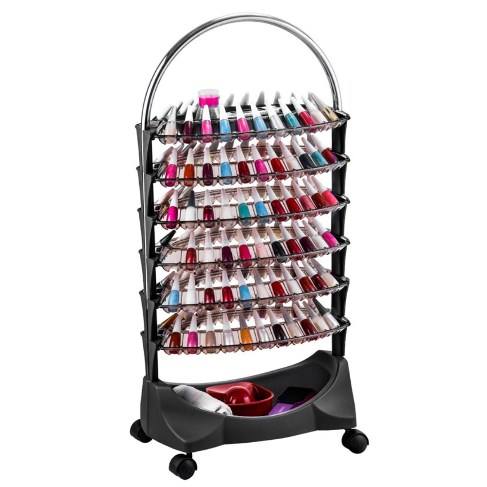 Professional nail polish organiser trolley fully stocked with colourful nail polish bottles