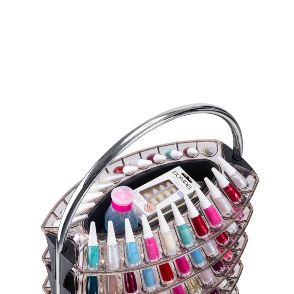 Close up of the top tray of the Joiken ART trolley showing secure nail polish bottle placement