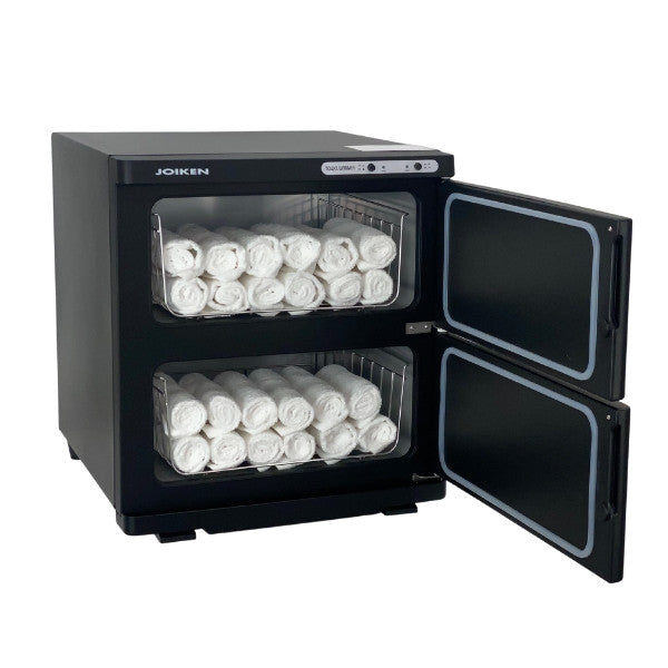 Joiken black dual towel warmer with both doors open showing full capacity for salon towels