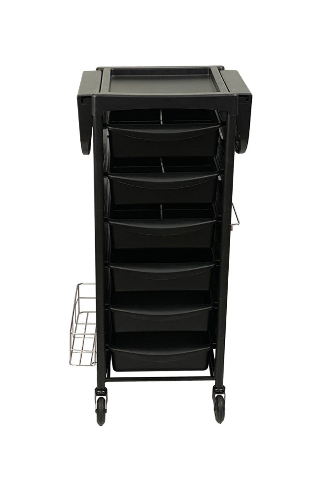 Rear view of the Joiken Breeze PLUS black 6 drawer hairdressing trolley showing the sturdy enclosed frame