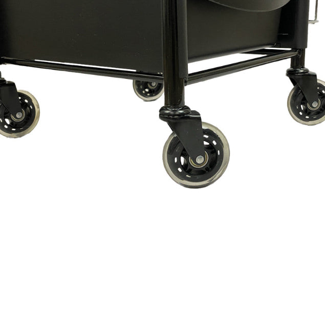 Underneath view of the 4-wheel mobile base of the Joiken Breeze PLUS hairdressing trolley