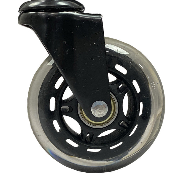 Close up of the high-quality easy-rolling castor wheel on the Joiken Breeze PLUS salon trolley