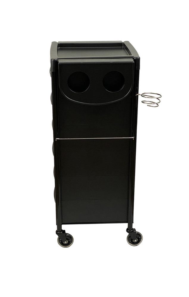 Side view of the black Joiken Breeze PLUS beauty trolley showing the sleek professional finish