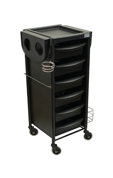 Side profile of the Joiken Breeze PLUS professional salon trolley showing side shelf and towel rail