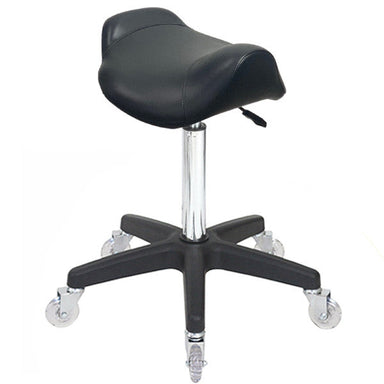 Joiken Brumby professional salon stool with black 5-star base and clear easy-rolling wheels