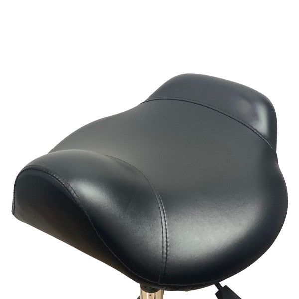 Close up of the ergonomic black contoured saddle seat on the Joiken Brumby stool