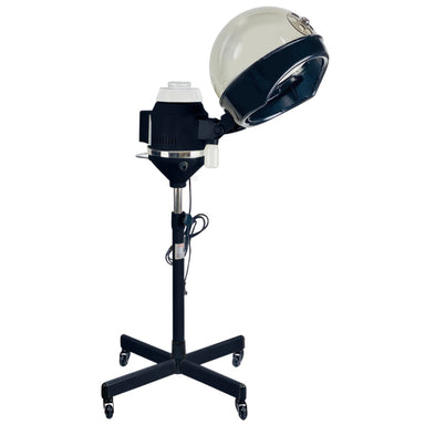 Full view of the Joiken Cloud black pedestal steamer on a height-adjustable stand with wheels