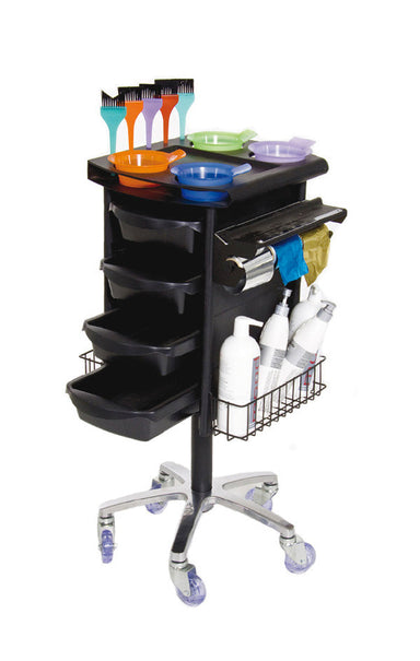 Joiken Colorist professional hairdressing trolley with 4 drawers, tint bowl holders, and foil dispenser for Australian salons