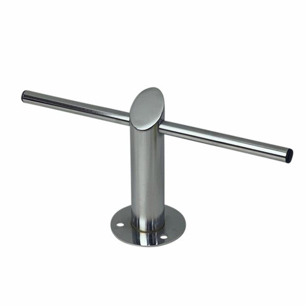 Polished chrome Joiken Cross floor mounted footrest viewed from an angle showing professional finish