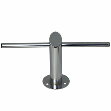 Joiken Cross floor mounted salon footrest in polished chrome for modern hair and beauty styling stations